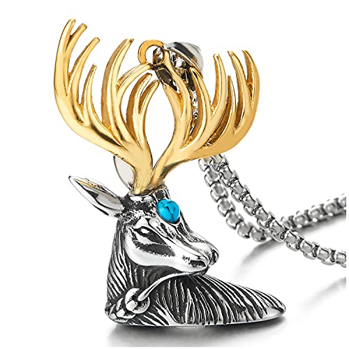 Mens Womens Steel Silver Gold Deer Reindeer Head Horn Pendant Necklace with Resin Turquoise - COOLSTEELANDBEYOND Jewelry