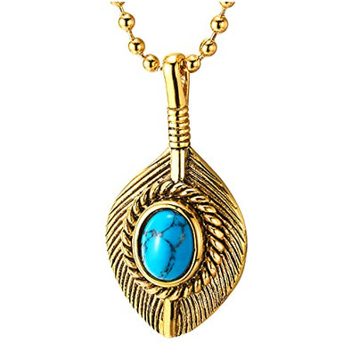 Mens Womens Steel Vintage Gold Color Leaf Veins Pendant Necklace with Resin Turquoise and Wreath - COOLSTEELANDBEYOND Jewelry