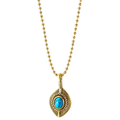 Mens Womens Steel Vintage Gold Color Leaf Veins Pendant Necklace with Resin Turquoise and Wreath - COOLSTEELANDBEYOND Jewelry