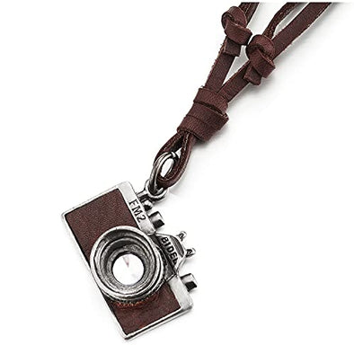 Mens Womens Vintage Retro Style Camera Pendant Necklace Adjustable Brown Leather Cord - COOLSTEELANDBEYOND Jewelry