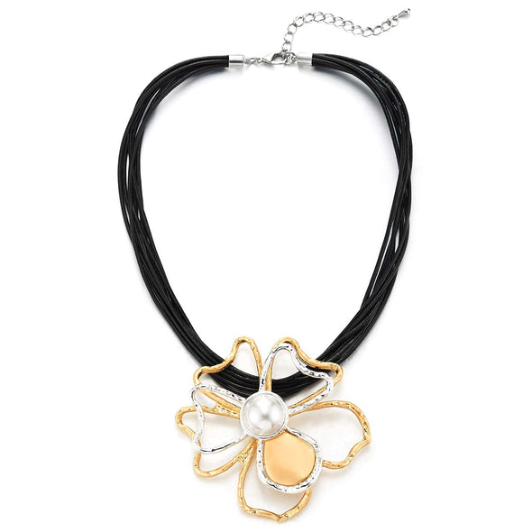 Multi-strand Black Leather Rope Statement Necklace Pearl Silver Gold Wire Flower Camellia Charm - coolsteelandbeyond
