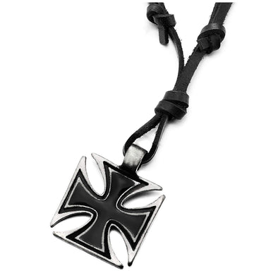 Old Metal Finished Square Cross Pendant Necklace with Black Enamel, Adjustable Black Leather Cord - COOLSTEELANDBEYOND Jewelry