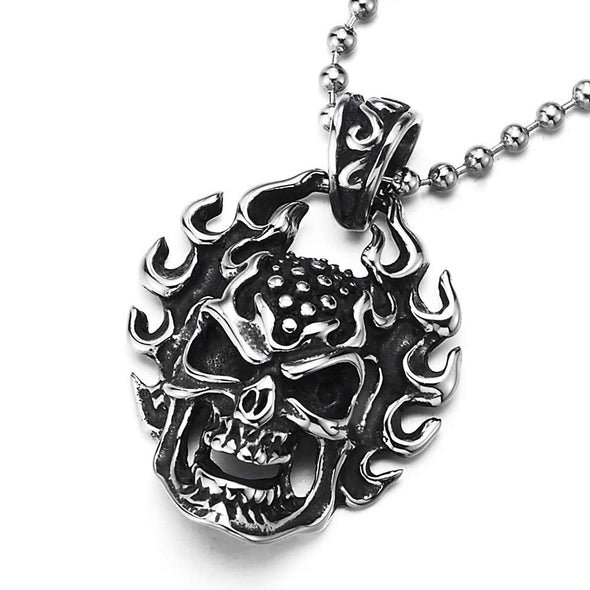 Punk Rock Mens Steel Vintage Flame Fire Mad Skull Pendant Necklace, 23.6 inches Ball Chain - coolsteelandbeyond