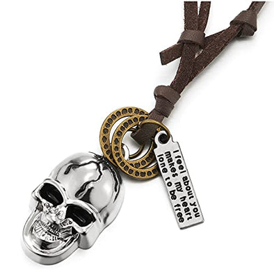 Punk Rock Mens Women Polished Crack Skull Pendant Necklace with Adjustable Brown Leather Cord - COOLSTEELANDBEYOND Jewelry