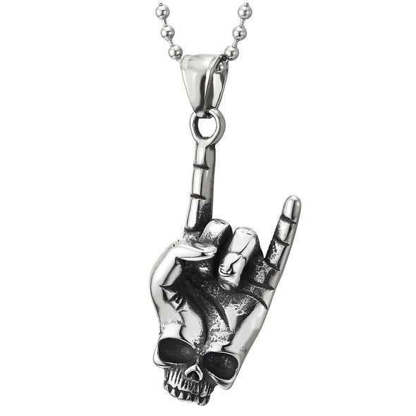 Punk Steel Mens Womens Rock and Roll Hand Sign Gesture Skull Pendant Necklace, 30 in Ball Chain - COOLSTEELANDBEYOND Jewelry