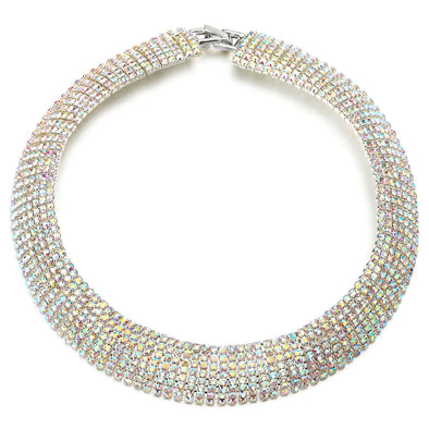 Rainbow Color Rhinestone Pave Chain Statement Choker Collar Necklace, Dazzling, Dress Party - COOLSTEELANDBEYOND Jewelry