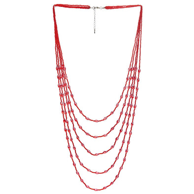 Red Oval Beads Statement Necklace Multi-Strand Long Chains with Crystal Charms Pendant - COOLSTEELANDBEYOND Jewelry