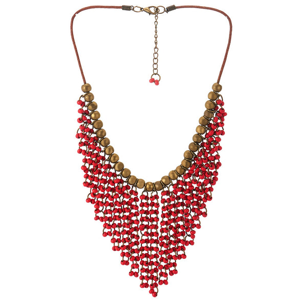 Red Wood Beads Tassel Statement Necklace Bib Collar Multilayer Pendant with Aged Brass Beads, Dress - COOLSTEELANDBEYOND Jewelry