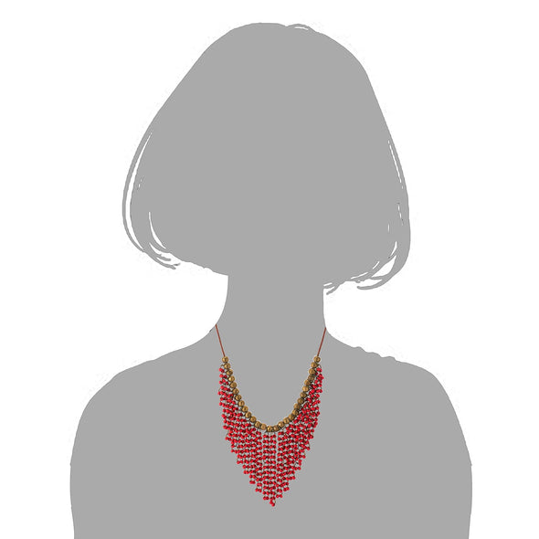 Red Wood Beads Tassel Statement Necklace Bib Collar Multilayer Pendant with Aged Brass Beads, Dress - COOLSTEELANDBEYOND Jewelry