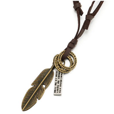 Retro Style Aged Brass Feather Pendant with Adjustable Brown Leather Cord Necklace Unisex Men Women - COOLSTEELANDBEYOND Jewelry