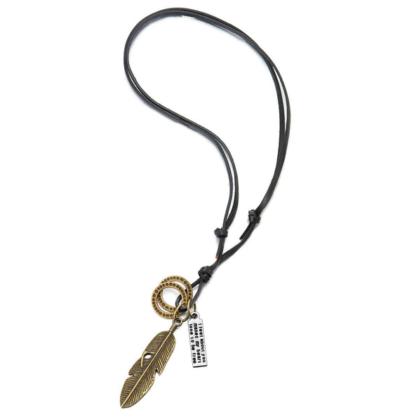 Retro Style Aged Brass Feather Pendant with Adjustable Brown Leather Cord Necklace Unisex Men Women - COOLSTEELANDBEYOND Jewelry