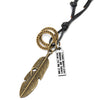 Retro Style Aged Brass Feather Pendant with Adjustable Brown Leather Cord Necklace Unisex Men Women - COOLSTEELANDBEYOND Jewelry