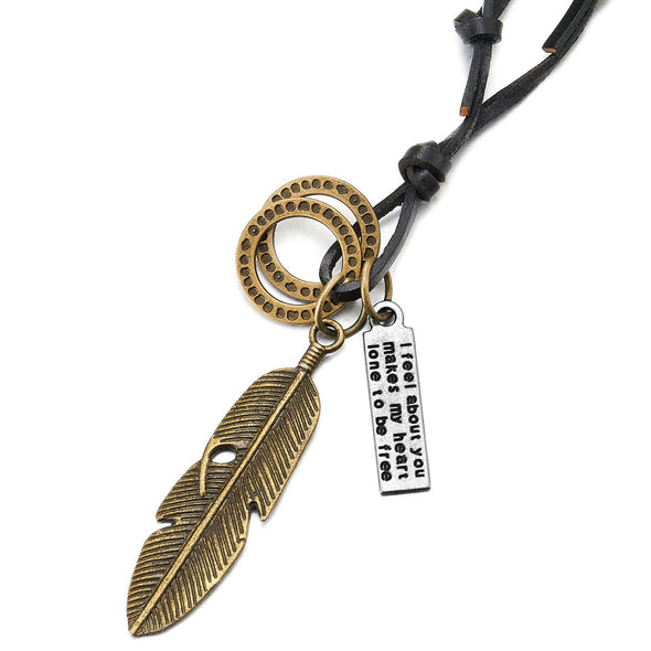 Retro Style Aged Brass Feather Pendant with Adjustable Brown Leather Cord Necklace Unisex Men Women - COOLSTEELANDBEYOND Jewelry