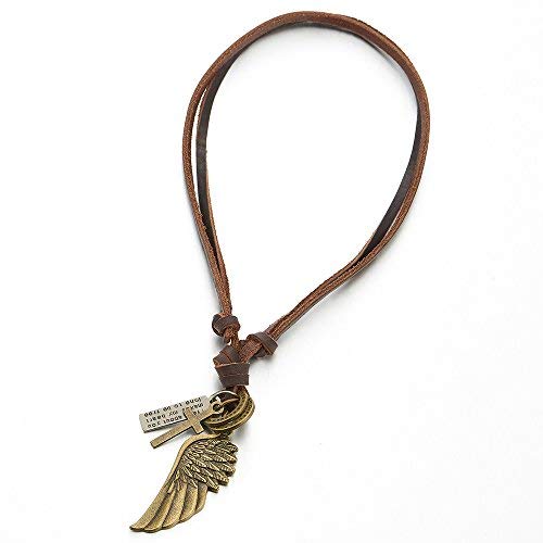 Retro Style Angel Wing Pendant Unisex Necklace for Men for Women with Adjustable Leather Cord - COOLSTEELANDBEYOND Jewelry