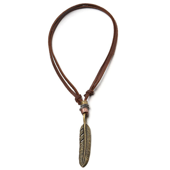 COOLSTEELANDBEYOND Retro Style Feather Pendant Unisex Necklace for Mens Womens with Adjustable Leather Cord - COOLSTEELANDBEYOND Jewelry