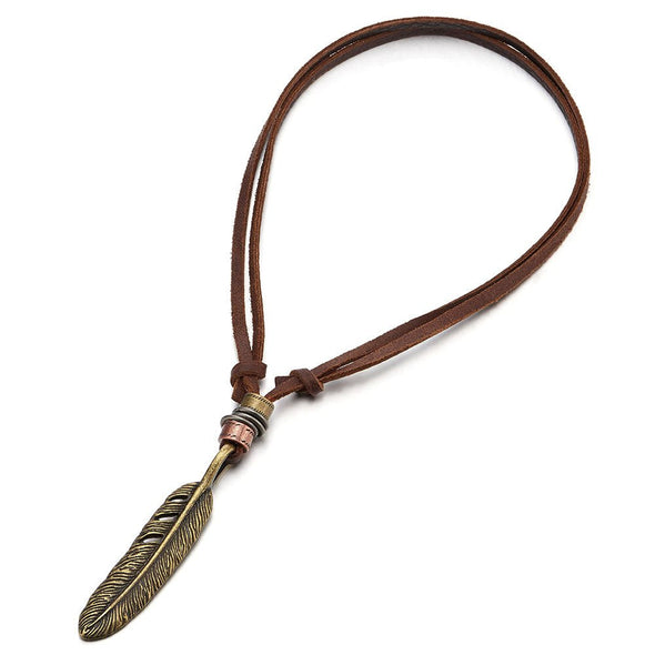 COOLSTEELANDBEYOND Retro Style Feather Pendant Unisex Necklace for Mens Womens with Adjustable Leather Cord - COOLSTEELANDBEYOND Jewelry