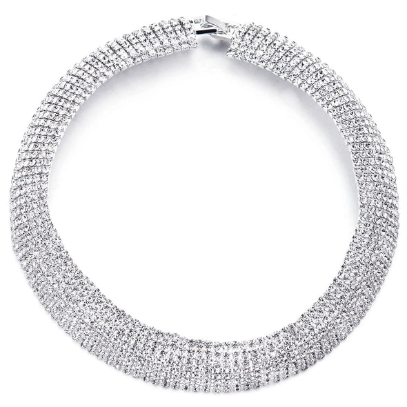 Rhinestone Pave Chain Statement Choker Collar Necklace, Dazzling, Dress Party - COOLSTEELANDBEYOND Jewelry