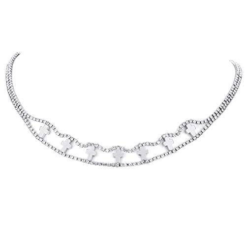 Rhinestones Pave Choker Collar Pendant Necklace with Cross, Dazzling, Unique - coolsteelandbeyond