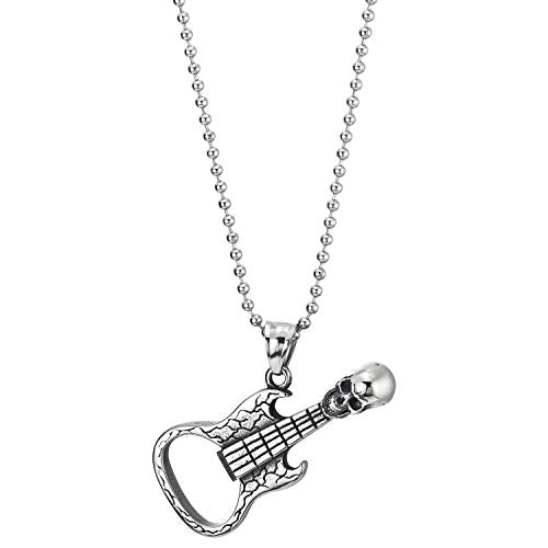 Rock Punk Men Women Steel Vintage Skull Guitar Pendant Necklace, 30 inches Ball Chain - COOLSTEELANDBEYOND Jewelry