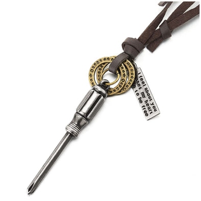 Screwdriver Circles Pendant Necklace for Mens with Adjustable Brown Leather Cord - COOLSTEELANDBEYOND Jewelry