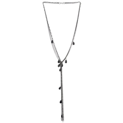 Silver Black Lariat Necklace Tassel Pendant with Teardrop Crystal, Multi-strand Long Chains Y-Shape - COOLSTEELANDBEYOND Jewelry