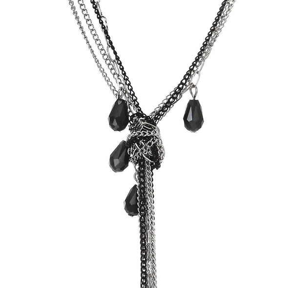 Silver Black Lariat Necklace Tassel Pendant with Teardrop Crystal, Multi-strand Long Chains Y-Shape - COOLSTEELANDBEYOND Jewelry