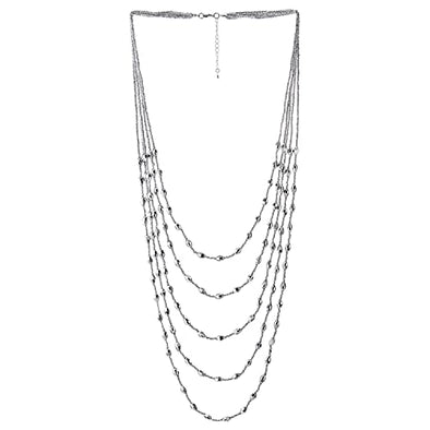 Silver Oval Beads Statement Necklace Multi-Strand Long Chains with Crystal Charms Pendant - COOLSTEELANDBEYOND Jewelry