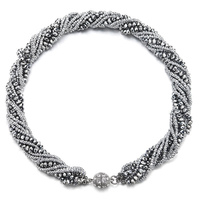 Silver Statement Necklace Multi-Layer Beads Crystal Braided Chain Choker Collar Magnetic Clasp - COOLSTEELANDBEYOND Jewelry