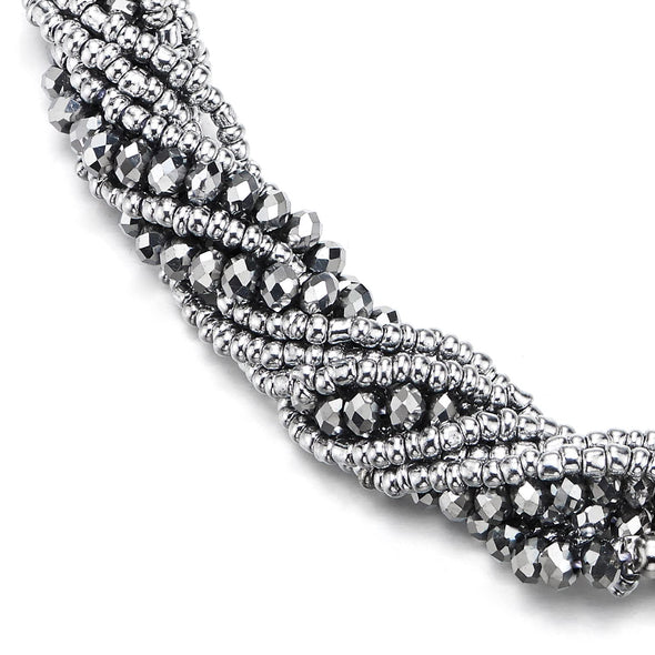 Silver Statement Necklace Multi-Layer Beads Crystal Braided Chain Choker Collar Magnetic Clasp