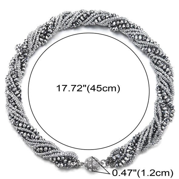 Silver Statement Necklace Multi-Layer Beads Crystal Braided Chain Choker Collar Magnetic Clasp