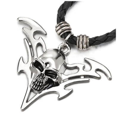 Skull Pendant Necklace for Men Women with Adjustable Black Braided Leather Cord - COOLSTEELANDBEYOND Jewelry