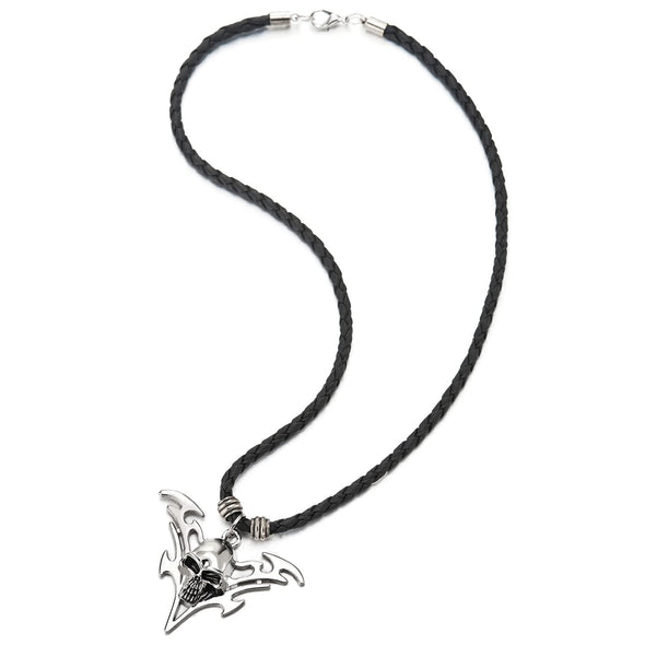 Skull Pendant Necklace for Men Women with Adjustable Black Braided Leather Cord - COOLSTEELANDBEYOND Jewelry