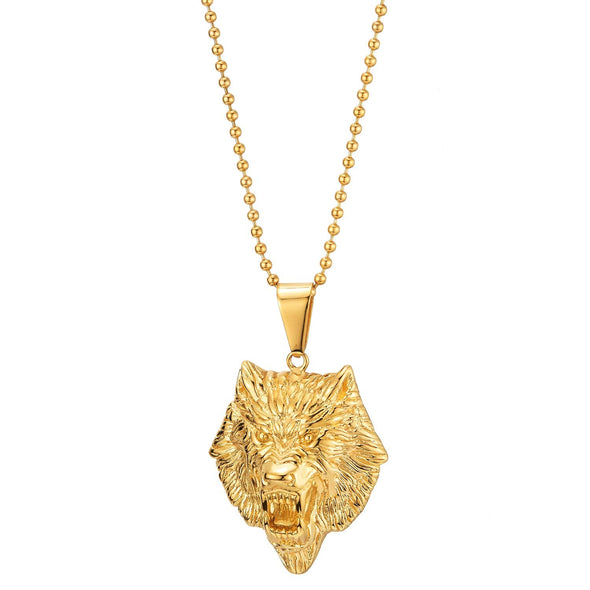 Stainless Steel Mens Gold Color Wolf Head Pendant Necklace with 30 inches Ball Chain - coolsteelandbeyond