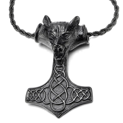 Stainless Steel Mens Thors Hammer Pendant Necklace with Wolf and Irish Celtic Knot, 30in Wheat Chain - coolsteelandbeyond