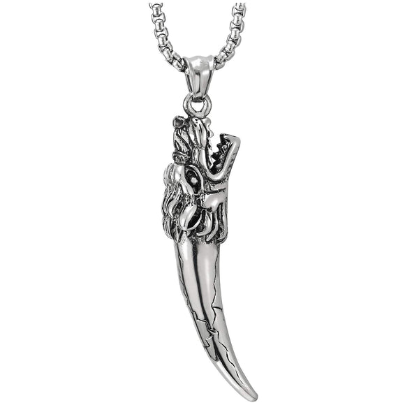 Stainless Steel Mens Vintage Horn Tusk Tooth Dragon Head Pendant Necklace with 30 inches Wheat Chain
