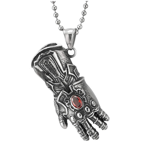 Stainless Steel Mens Vintage Warrior Glove Pendant Necklace with Red CZ, 30 inches Wheat Chain