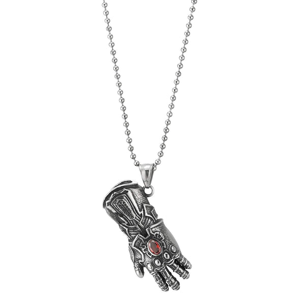 Stainless Steel Mens Vintage Warrior Glove Pendant Necklace with Red CZ, 30 inches Wheat Chain