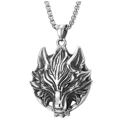 Stainless Steel Mens Vintage Wolf Head Pendant Necklace, Punk Rock, 30 inches Steel Wheat Chain - COOLSTEELANDBEYOND Jewelry
