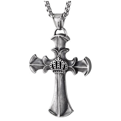Stainless Steel Vintage Crown Cross Pendant Necklace for Men Women, 23.6 inches Wheat Chain - COOLSTEELANDBEYOND Jewelry