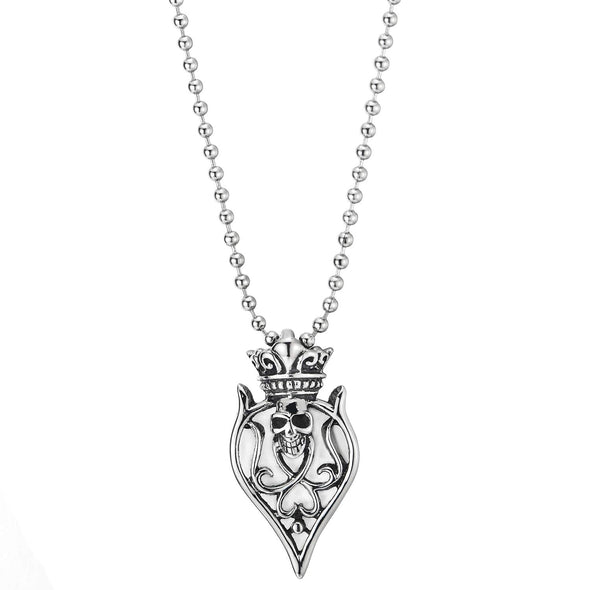 Stainless Steel Vintage Heart Crown King Skull Pendant Necklace for Man Women 23.6 inches Ball Chain - coolsteelandbeyond