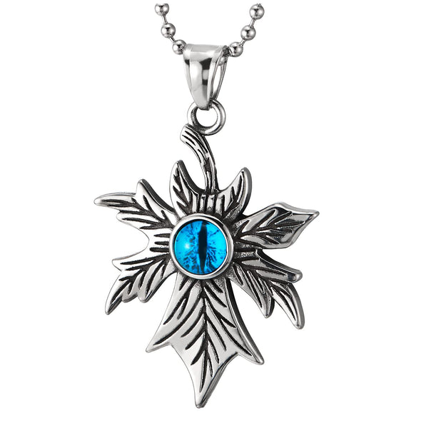Stainless Steel Vintage Maple Leaf Pendant with Blue Evil Eye Necklace for Man Women, 30 inche Chain - COOLSTEELANDBEYOND Jewelry