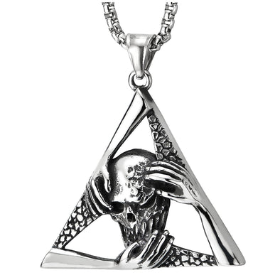 Stainless Steel Vintage Skull Hands Triangle Pendant Necklace for Men Women, 30 Inch Wheat Chain - COOLSTEELANDBEYOND Jewelry