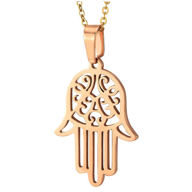 Stainless Steel Women Rose Gold Hamsa Hand of Fatima Pendant Necklace with 20 Inches Rope Chain - COOLSTEELANDBEYOND Jewelry