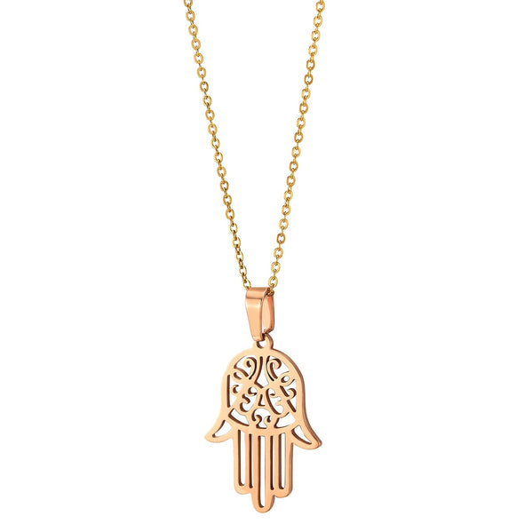 Stainless Steel Women Rose Gold Hamsa Hand of Fatima Pendant Necklace with 20 Inches Rope Chain - COOLSTEELANDBEYOND Jewelry