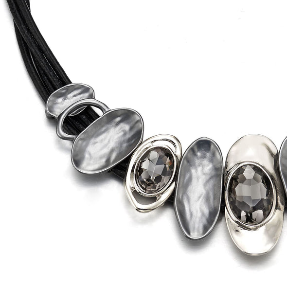 Statement Necklace Black Bib Choker Collar with Vintage Silver Grey Oval Rhinestones Charm Pendant - COOLSTEELANDBEYOND Jewelry