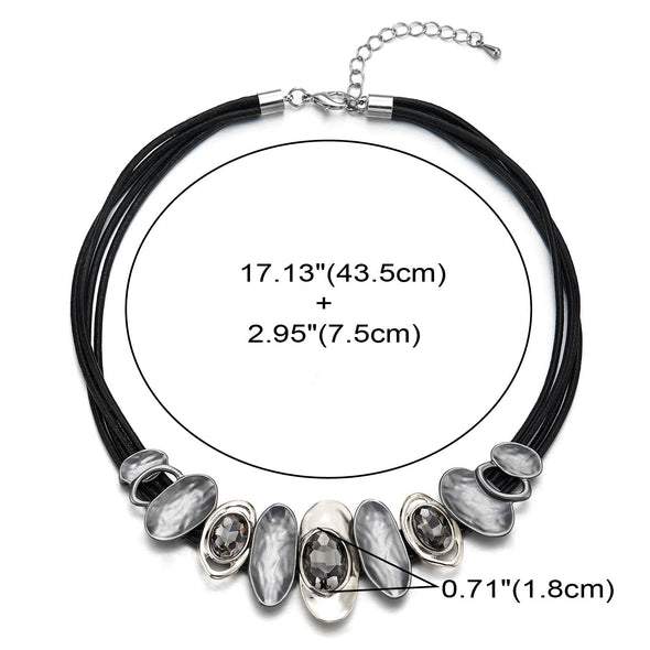 Statement Necklace Black Bib Choker Collar with Vintage Silver Grey Oval Rhinestones Charm Pendant - COOLSTEELANDBEYOND Jewelry