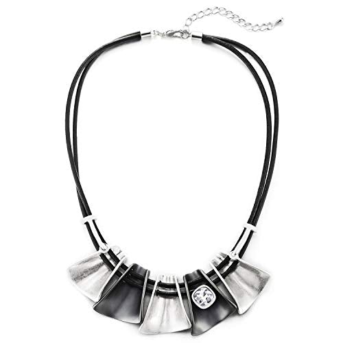Statement Necklace Black Bib Choker Collar with Vintage Silver Grey Sector Rhinestones Charm Pendant - coolsteelandbeyond