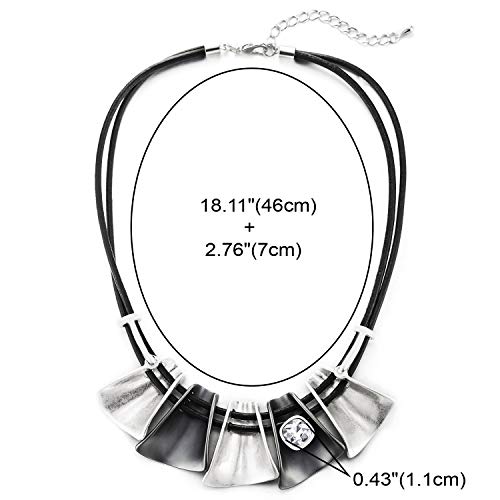Statement Necklace Black Bib Choker Collar with Vintage Silver Grey Sector Rhinestones Charm Pendant - coolsteelandbeyond