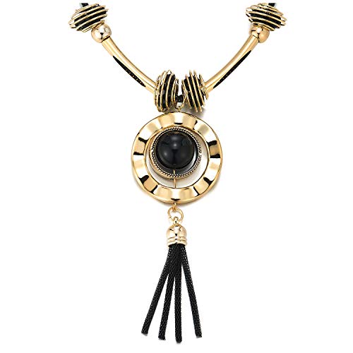 Statement Necklace Black Chain Y-Shape Circle Charm Crystal Beads Black Resin Ball Tassel Pendant - coolsteelandbeyond
