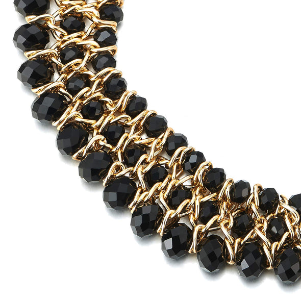 Statement Necklace Black Faceted Crystal Beads String Gold Braided Chain Pendant - COOLSTEELANDBEYOND Jewelry